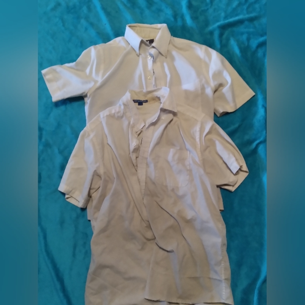 2 white used short sleeved work shirt (Port Authority size L) (Stafford size 15)